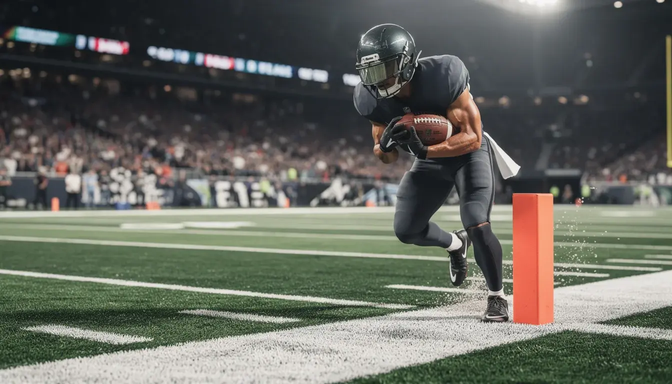 NFL player reaching the end zone during an American football game on a green gridiron field under stadium lights