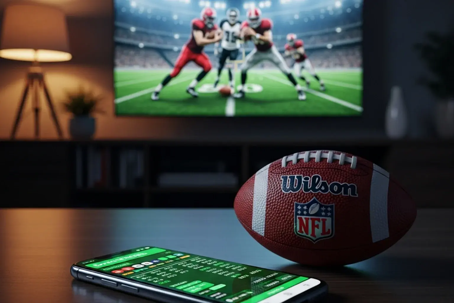 Smartphone displaying NFL betting odds on a table beside a television showing an American football game