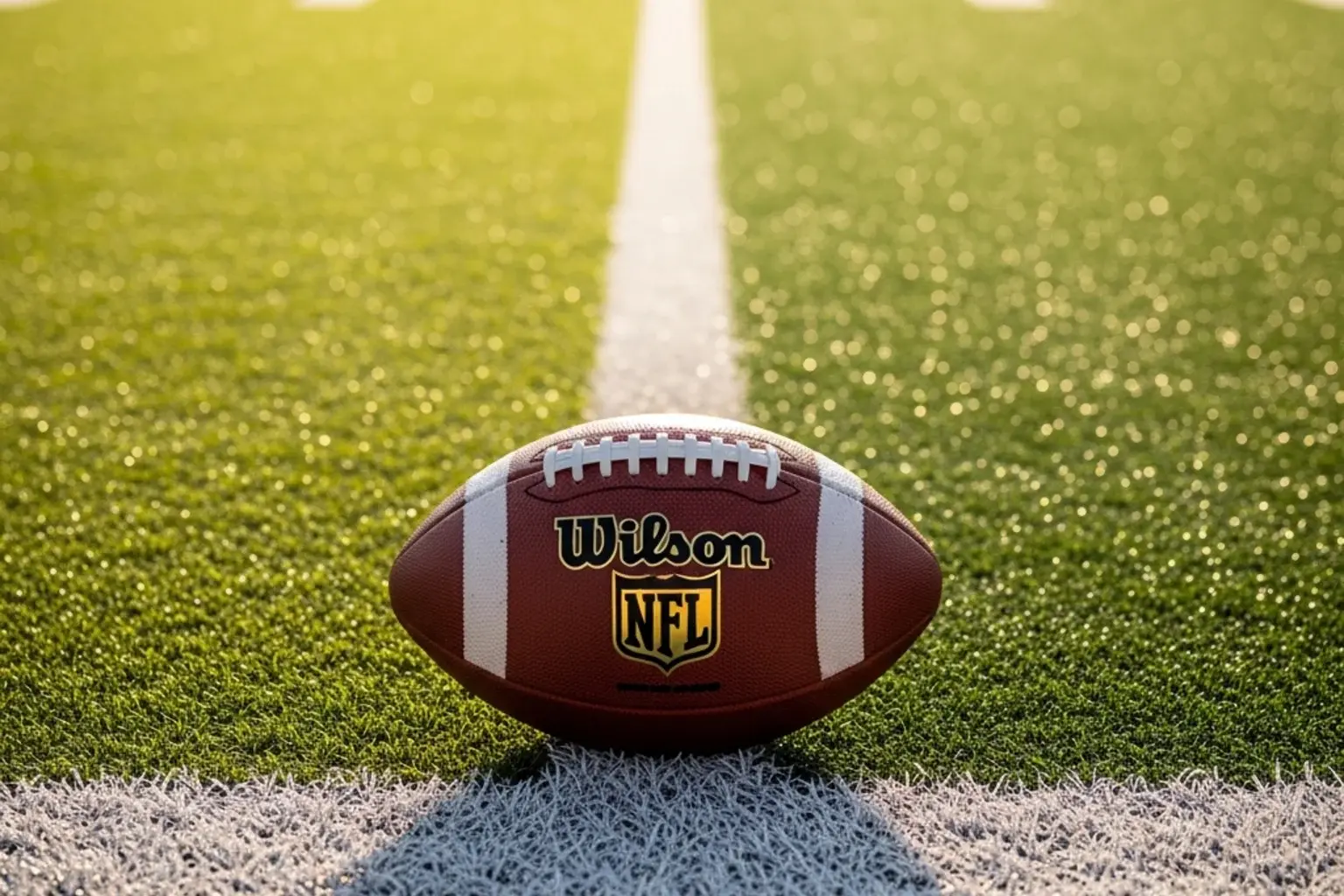 NFL football resting on the end zone line of an American football field with yard markers visible