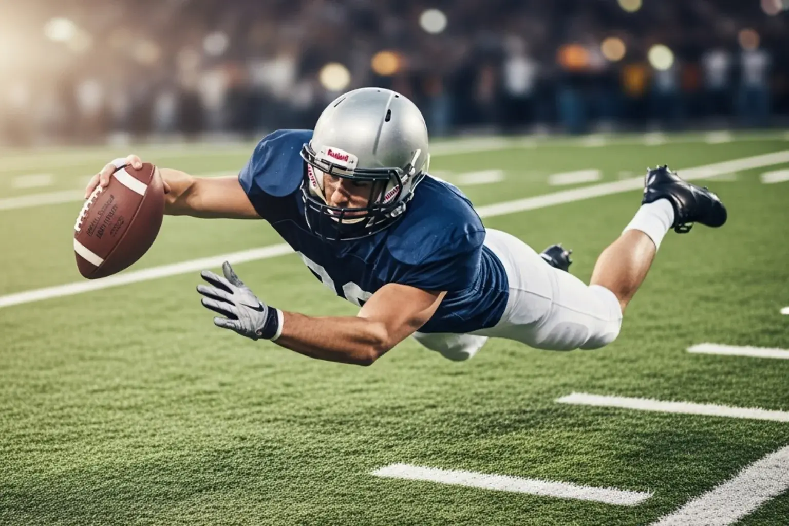 American football player carrying the ball across the goal line to score a touchdown