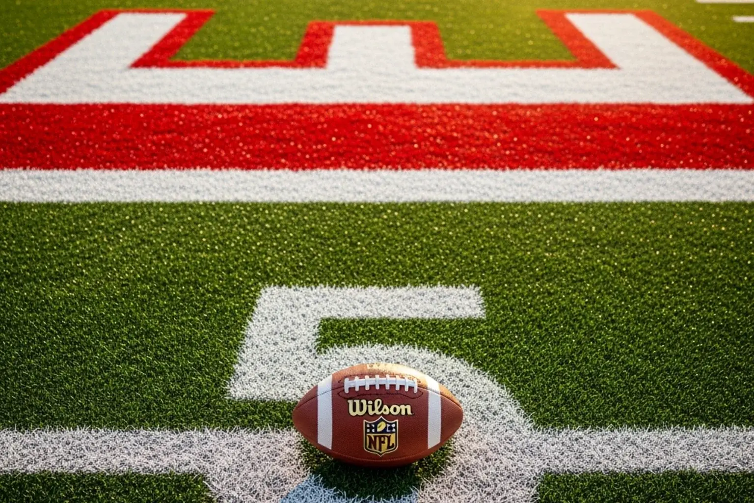 Close-up view of an NFL red zone play near the goal line on an American football field