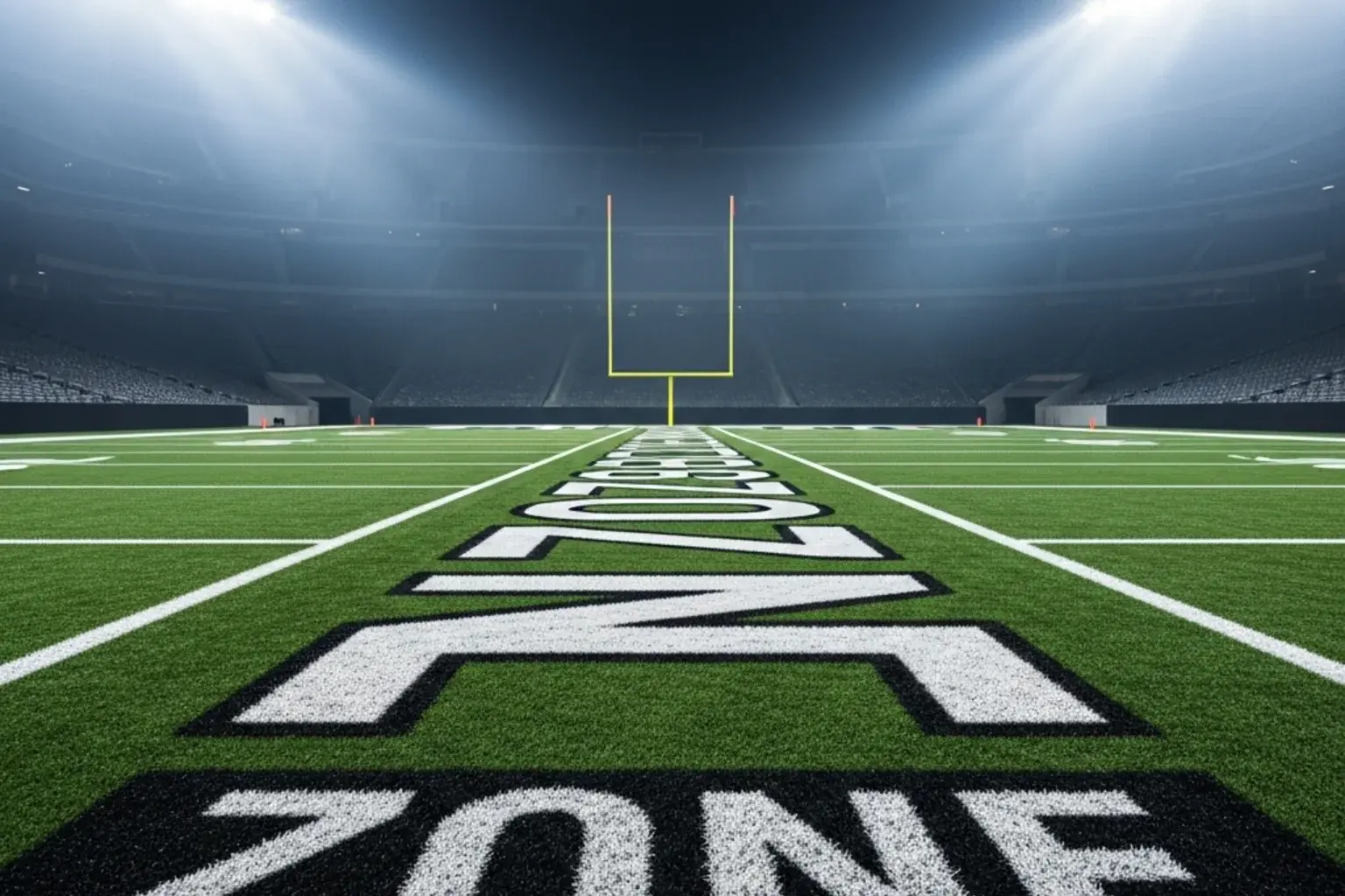 NFL end zone with green field markings and goal post under stadium lights