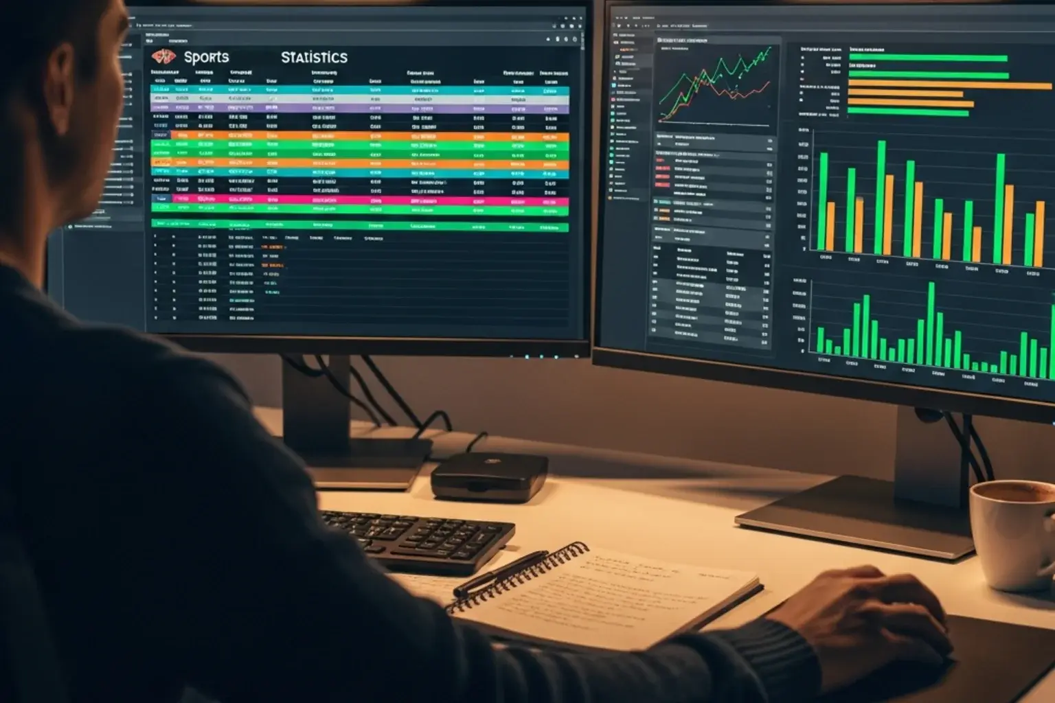 Sports analyst reviewing NFL statistics and red zone data on multiple screens