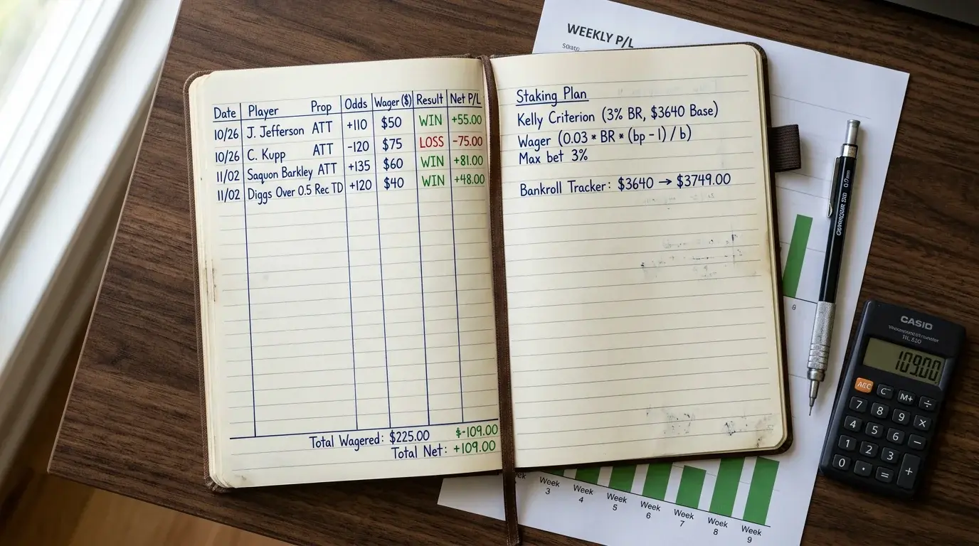 Notebook with a structured staking plan and unit calculations for NFL touchdown betting