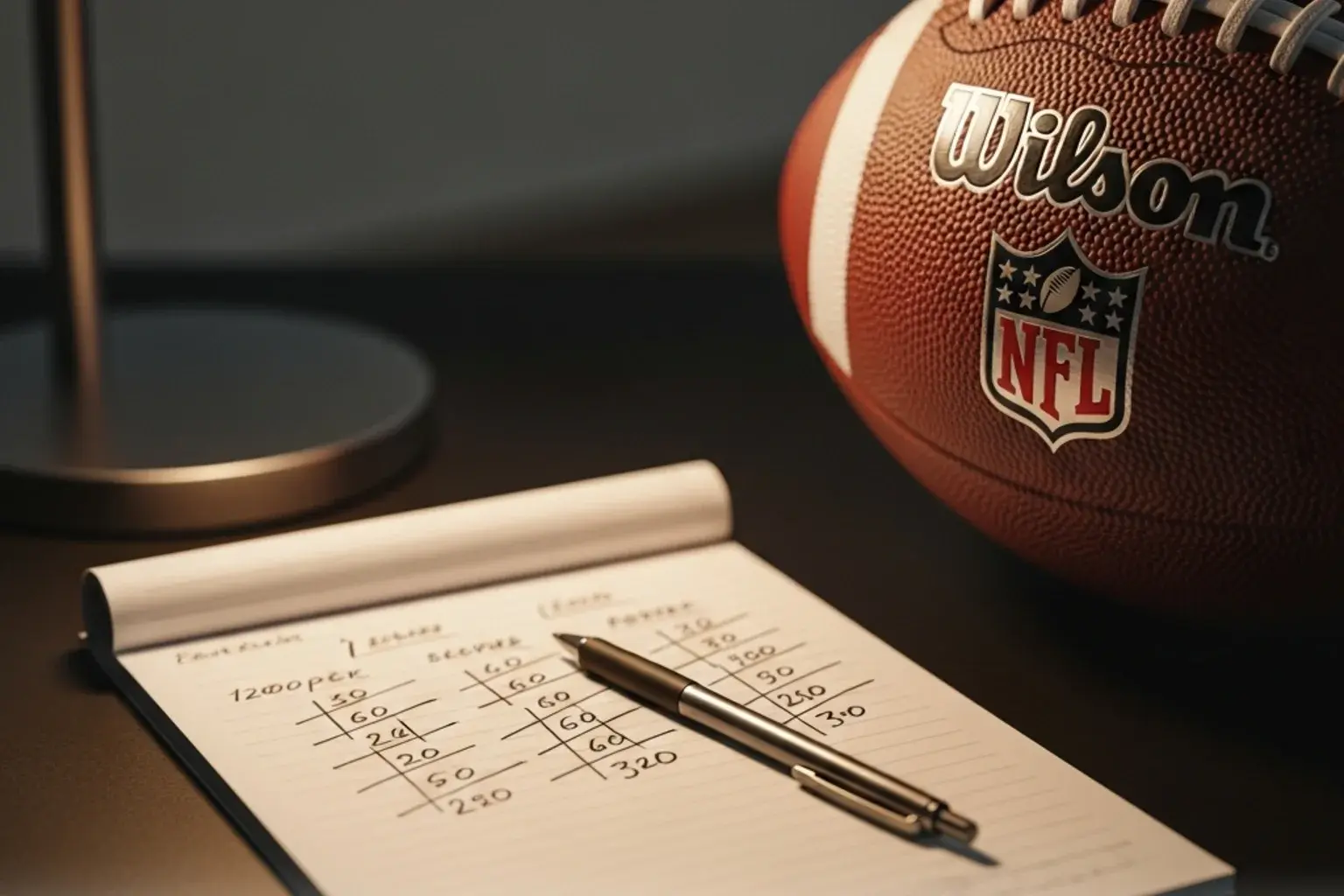 Multiple NFL game tickets and a betting slip arranged on a surface with an American football nearby